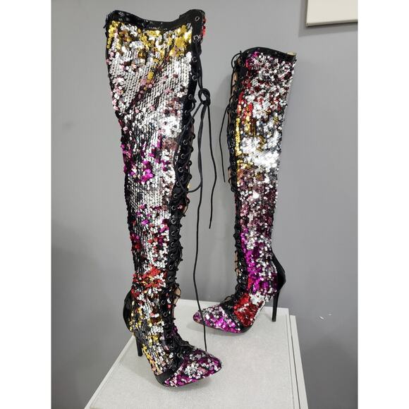 GORGEOUS Chase + Chloe Over Knee‎ Sequin Lace Front Boots Size 10 - Picture 1 of 10